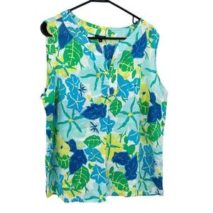 Talbots Tropical Linen Tank Top XL Blue Green Coastal Resort Euro Vacation